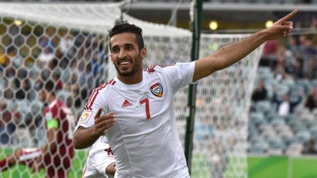 احتفال على احمد مبخوت مهاجم الامارات بتسجيل هدف فى شباك اليمن فى كأس الخليج العربي (صور:Google)